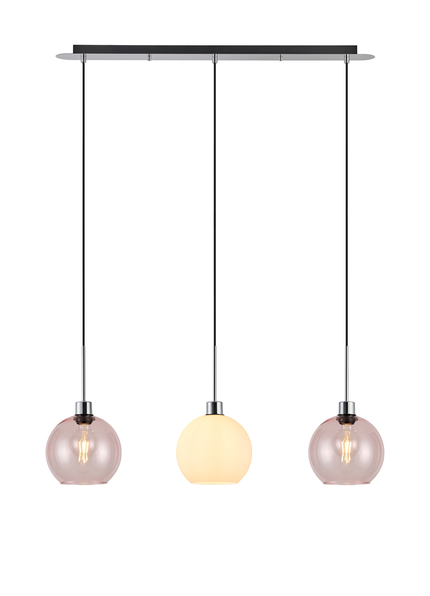 DK1307  Lori Linear Pendant, 3 Light Adjustable E27, Polished Chrome/Opal/Pink Open Mouth Round Globe Shades